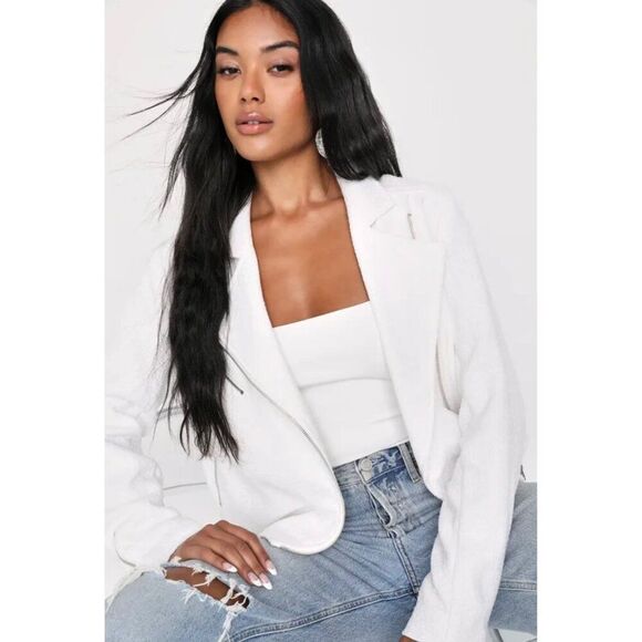 NWT Lulus Iconic Trend White Tweed Moto Jacket XL - Picture 8 of 10